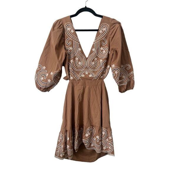Express Tan Embroidered Eyelet V-Neck Tie Back Poplin Mini Dress‎ - Picture 1 of 6